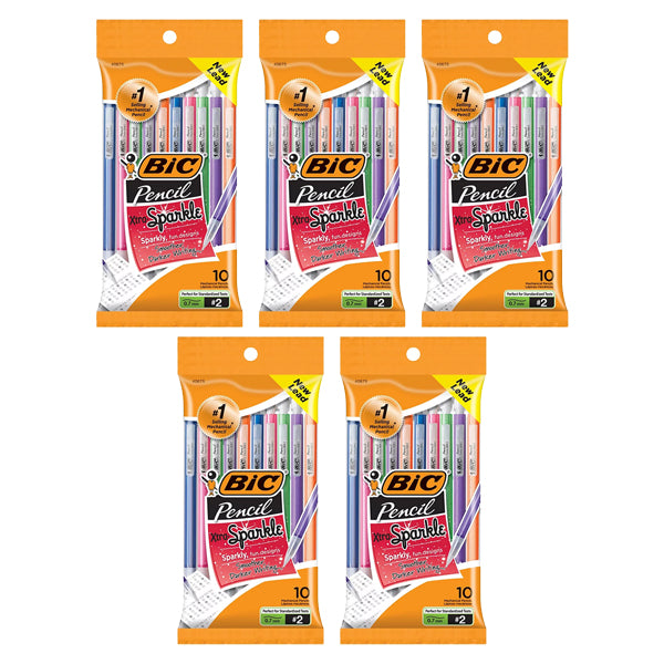 Five packs of BIC Xtra Sparkle Mechanical Pencils (#2), 10 pencils per pack, 0.7mm fine point for precise writing.